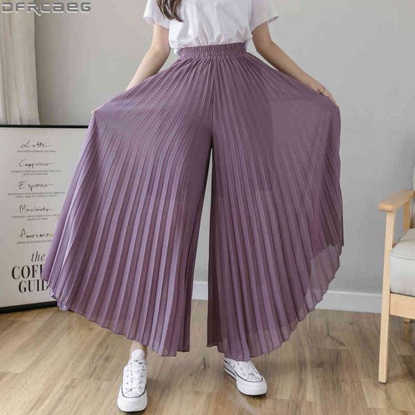 

skirts fashion streetwear pleated culotte mujer pants blue black purple chiffon trousers stretch high waist loose wide leg women y