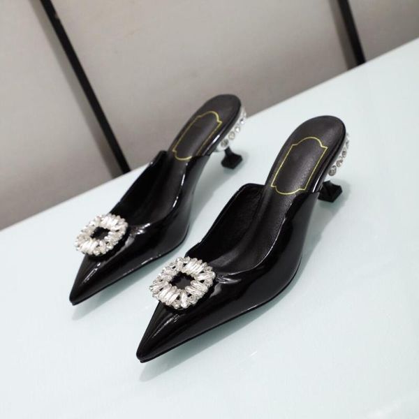 

sapato feminino shoes woman crystal decora slippers med high heels pointed toes outdoor slides, Black
