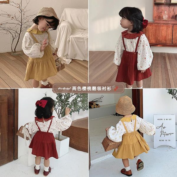 

shirts 2021 spring baby girls sweet cherry lapel shirt children cotton printing long sleeve, White;black