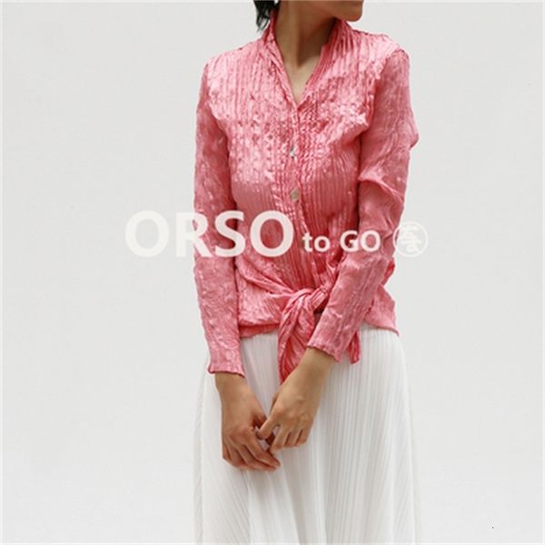 

dresses pleated handmade stand collar fish scale single breasted shirt, White
