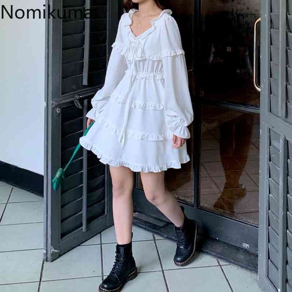 

nomikuma korean style a line mini dress women ruffle patchwork square collar long sleeve dresses female elegant vestidos mujer 210514, Black;gray