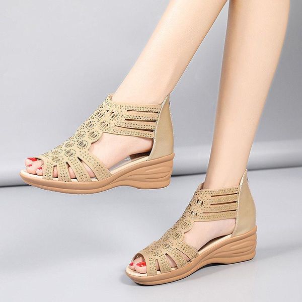 

sandals 2021 woman women cyrstal comfortable pumps ladies fashion wedges female rome bling hollow out shoes women's zip footwear, Black