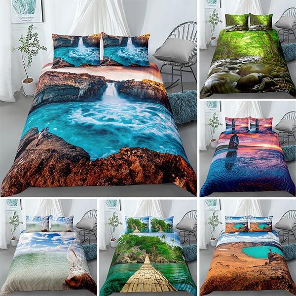 

fashion 3d landscape paining printed king bedding set duvet quilt cover pillowcase home textile large size bed sets 2/3pcs