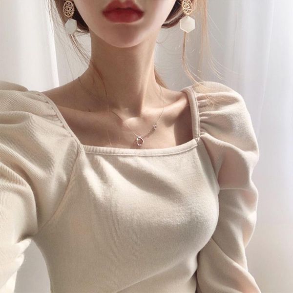 

chic square collar hollow out clavicle t shirt slim fit pleated puff sleeve solid blusas 2021 knit women's t-shirt, White