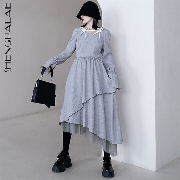 

hepburn chiffon dress women's spring square collor lace up flare sleeve long maxi dresses 5b57 210427, Black;gray