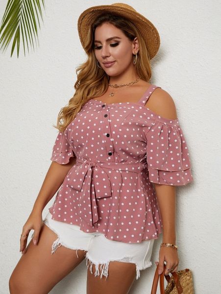 

plus cold shoulder polka dot belted blouse i6c5#, Black