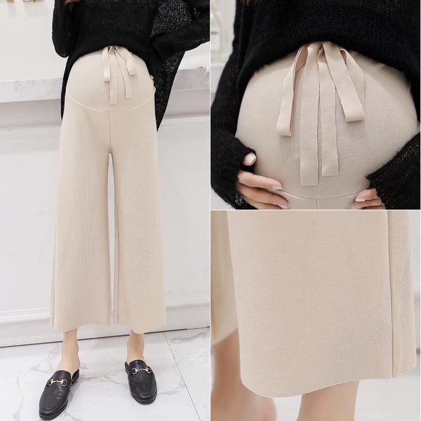 

maternity bottoms pants autumn winter casual elastic waist belly loose clothes for pregnant women knit high drape trousers, White