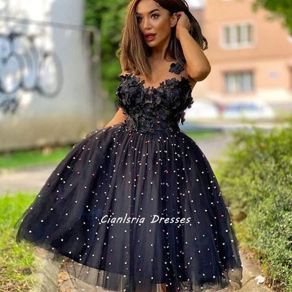 

party dresses black sweetheart handmade flowers knee-length homecoming dress beading pearls sleeveless simple short cocktail prom gown, White;black