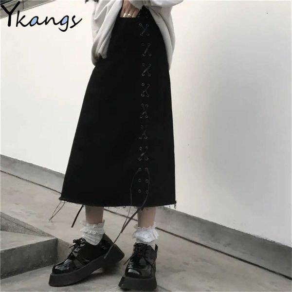 

harajuku black gothic skirts women high waist long midi skirt vintage korean punk lace up harajuku drawstring loose clothes 210619