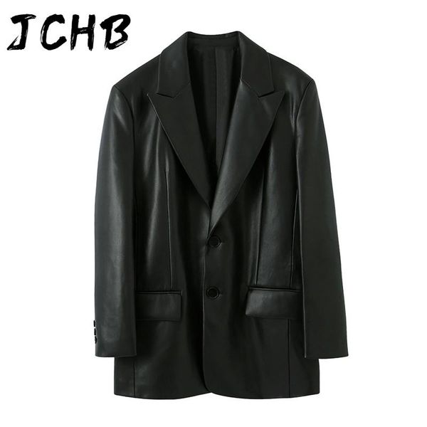 

streetwear black pu faux leather blazer women loose single breasted blazers coat fashion long sleeve jacket with pockets women's suits, White;black