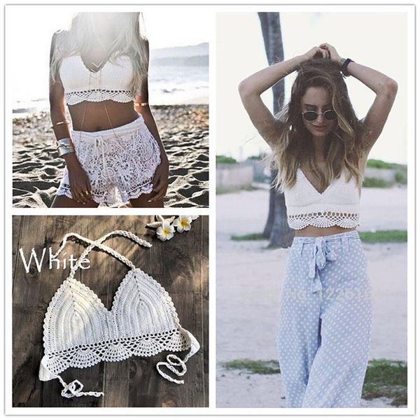 

bikini womens tanks bathing suit knit crochet women summer casual rib knitted hollow out backless halter crop sexy, White