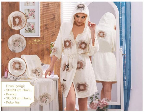 

bonny home lara 3 pieces women bathrobe set 100% cotton lacy luxury female towel nightwear sleepwear bath robe
