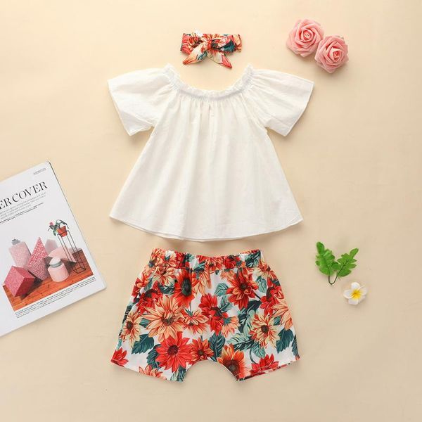 

3-24m infant baby girls outfits sets summer short sleeve floral print+shorts hairband set girl clothing suit, White