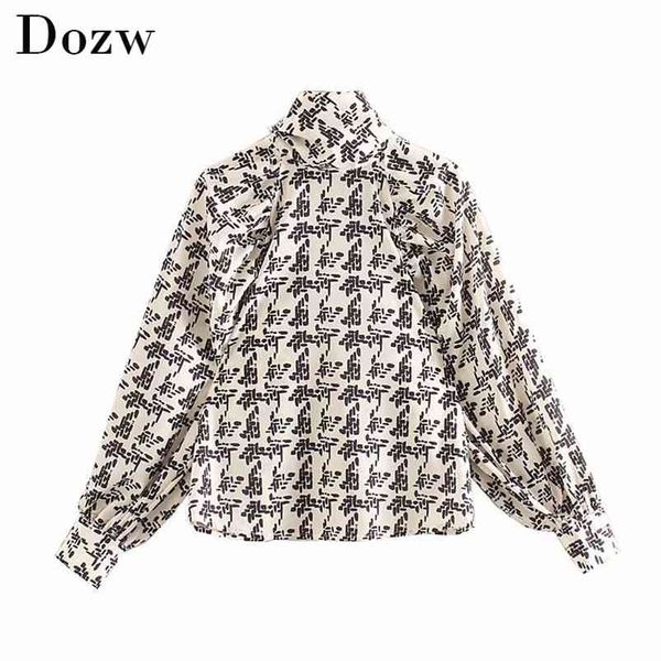 

turtleneck choker print neck women blouse shirt autumn ladies lantern sleeve loose stylish female office 210515, White