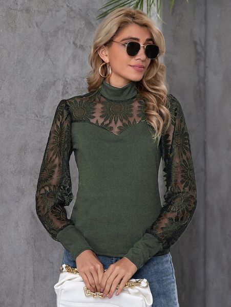 

contrast lace mock neck d809#, White
