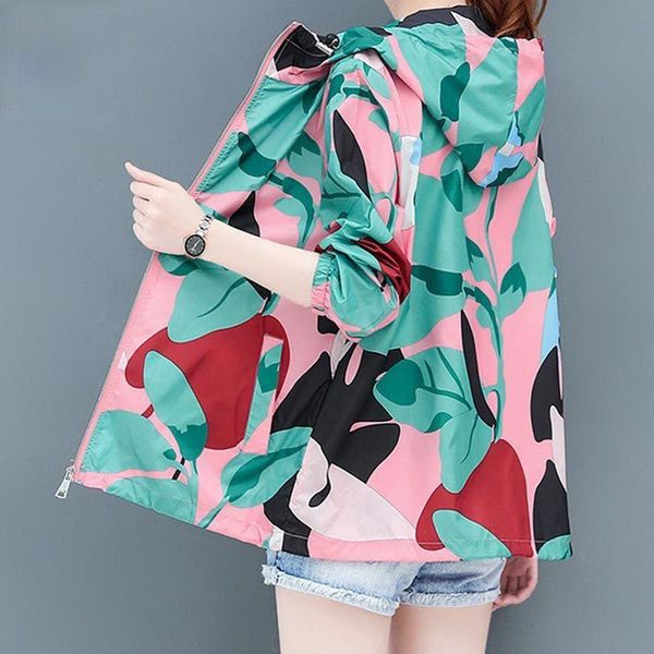 

women's jackets middle-aged women 2021 summer jacket female fashion hooded print sun protection clothing ladies loose coat zipper n43, Black;brown