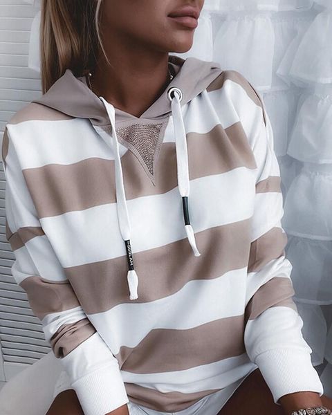 

women's hoodies & sweatshirts colorblock print striped studded decor hooded sweatshirt, Black