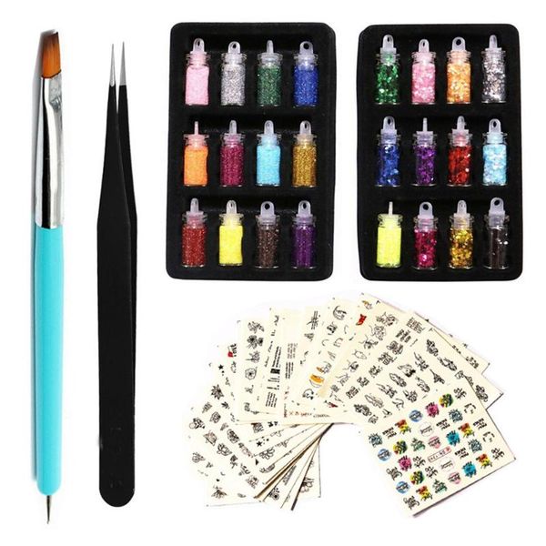 

nail art kits 24 bottles/set sequins glitter powder manicure decoral tips polish stickers mixed design case set brush tweezers