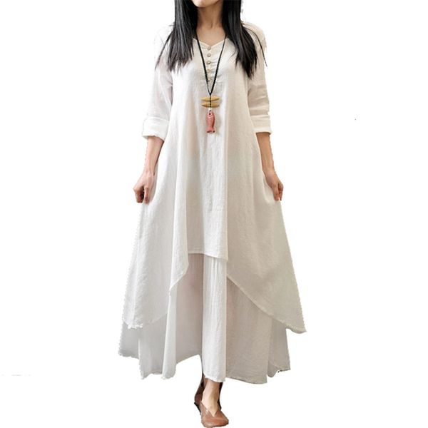 

casual dresses fashion women fake two long section es fairy princess linen loose long-sleeved women's maxi -5xl, Black;gray