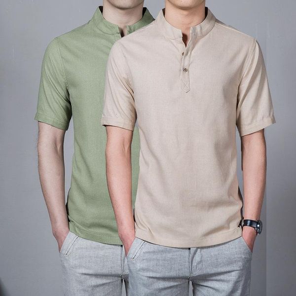 

men's casual shirts 2021 summer linen short-sleeved shirt chinese style retro fashion stand-up collar plus size, White;black