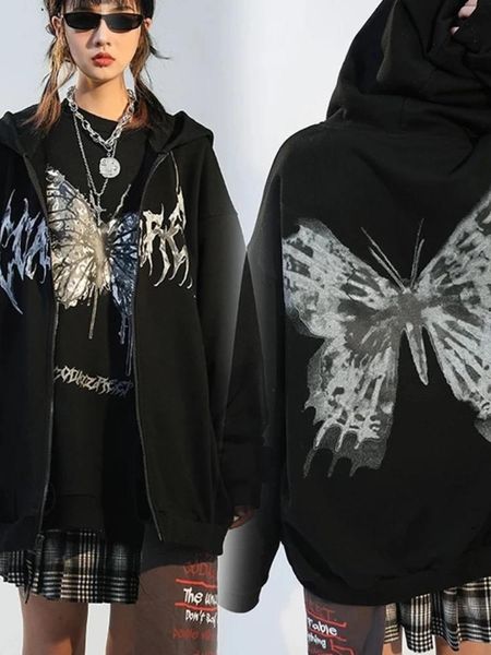 

women's hoodies & sweatshirts y2k women hip hop butterfly printed zip-up jacket female goth harajuku punk streetwear coat winter black