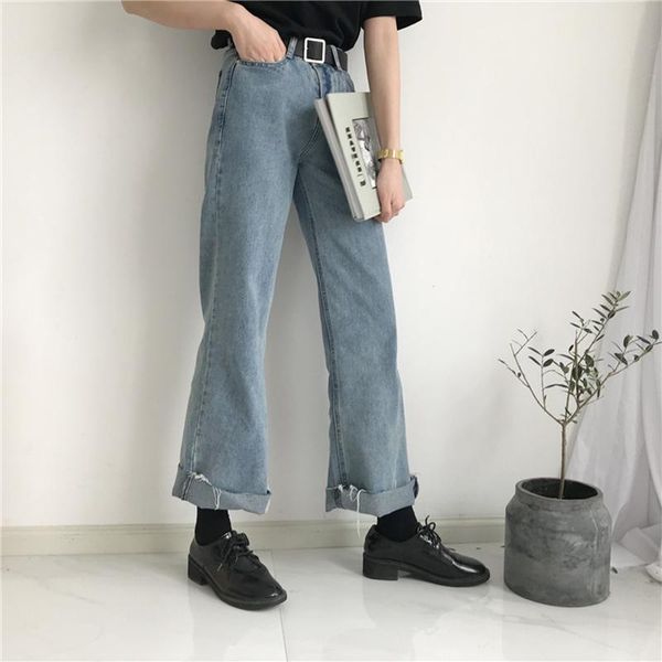 

women's jeans womens loose wide leg pants full length cotton blue denim high waist washed vintage pant autumn harem for girl