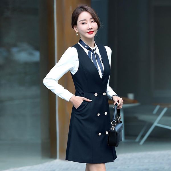

casual dresses elegant women v neck double breasted slim sleeveless solid color vest dress office lady plus size ol korean, Black;gray