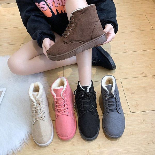 

boots women's shoes 2021 winter plus velvet snow thickened flat-bottom lace-up ankle short-tube student female, Black
