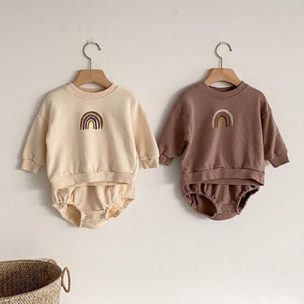 

clothing sets 2021 autumn cute round neck long sleeve pullover rainbow sweatshirt + shorts children two-piece suit baby boy hoodie set, White