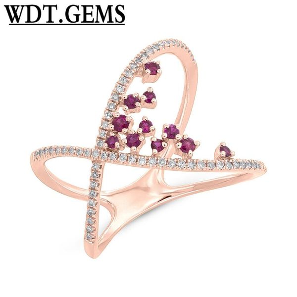 

rose gold round ruby gemstone diamond crossover cocktail x ring 0.39 tcw cluster rings, Golden;silver