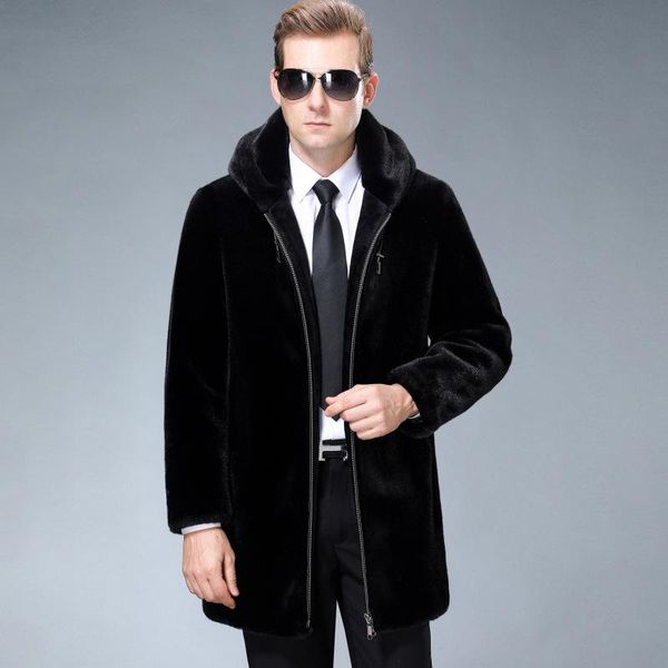 

sheep-sheared men's hooded one fur medium length coat with padded mink leather & faux, Black