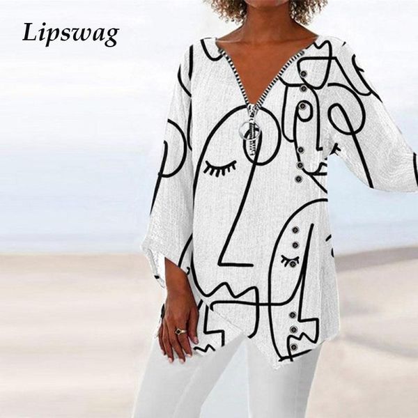 

women's blouses & shirts 2021 autumn long sleeve loose street blusa vintage pattern print women and spring zip v neck office lady, White