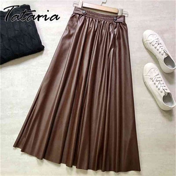 

winter women's leather skirt pleated black long s for women vintage pu faux high-waisted female 210514