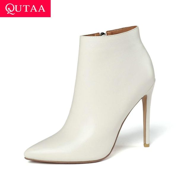 

boots qutaa 2021 thin high heel fashion ankle pu leather zipper short pointed toe keep warm winter women shoes size 34-43, Black