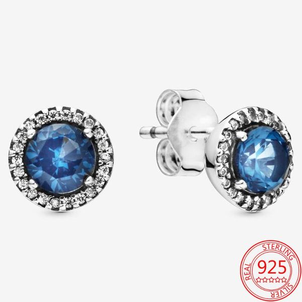 

real 925 sterling silver pan blue round glitter stud earrings anniversary gift, Golden;silver