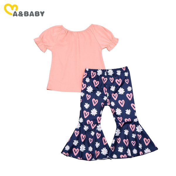 

1-6y summer kid girls clothes set children outfits pink t shirt heart print flare pants child costumes 210515, White