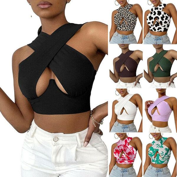 

women's tanks & camis fashionable summer women crisscross cut out vest halter wrap crop solid cami knitted tank, White