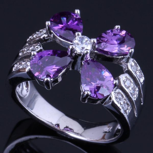 

cluster rings romantic flower purple cubic zirconia white cz silver plated ring v0430, Golden;silver