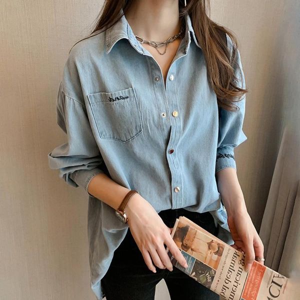 

women's blouses & shirts korean japan young women denim blouse light blue leisure long sleeve single-breasted street wear woman spring, White