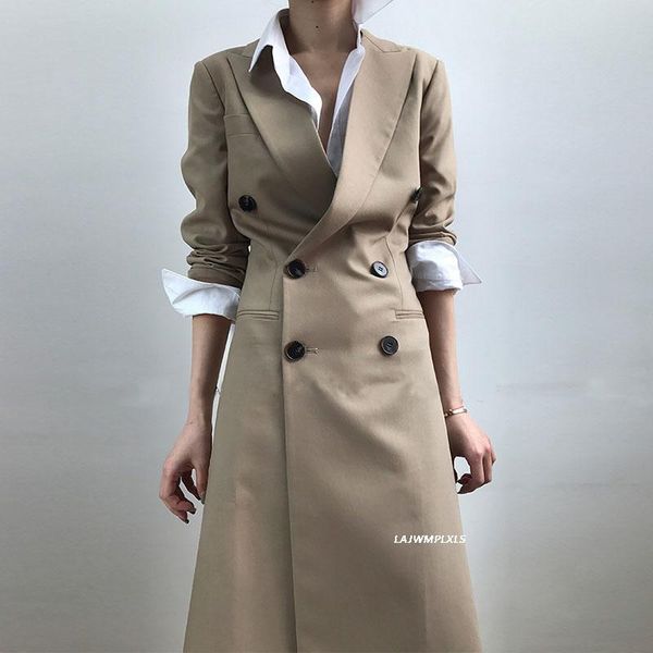 

minimalist 2021 spring autumn long trench coat female lapel collar double breasted slim windbreaker office clothing women's coats, Tan;black