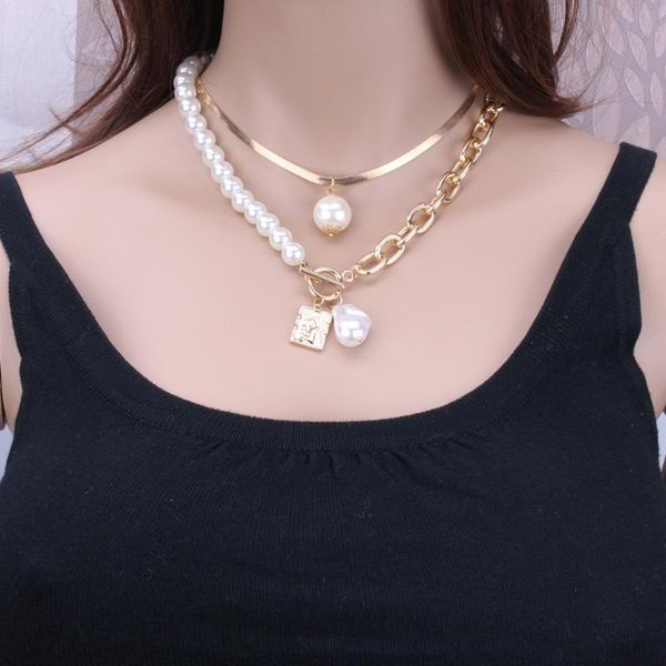 

pendant necklaces women retro multilayer pearl geometric necklace ladies metal portrait snake chain design jewelry gift, Silver