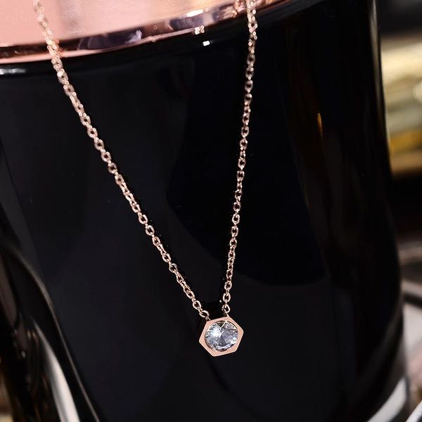 

pendant necklaces yun ruo 2021 arrival rose gold color elegant hexagon crystal necklace fashion titanium steel woman jewelry not fade, Silver