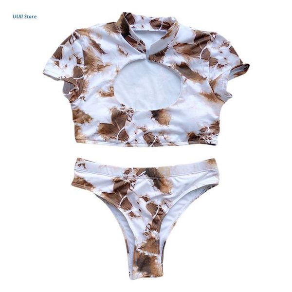 

women's swimwear womens two piece bikini set tie-dye hollow out short sleeve cheongsam collar crop swimsuit high cut bottom bathing, White;black