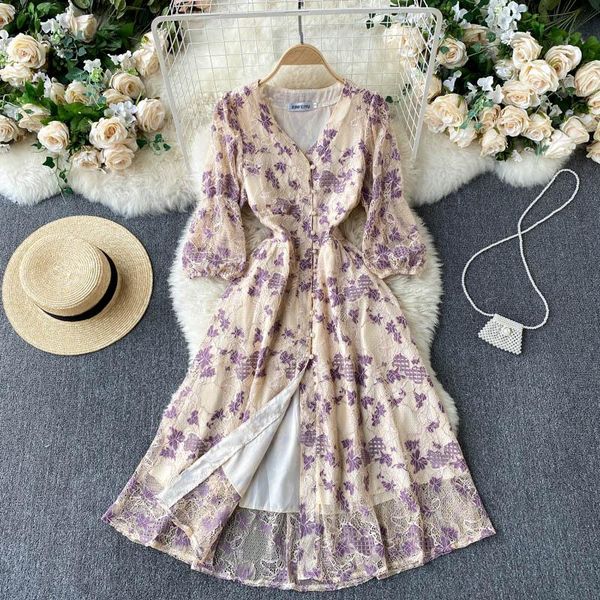 

casual dresses french style women floral print lace dress v-neck three quarter sleeve pearl buttons high waist split a-line midi, Black;gray