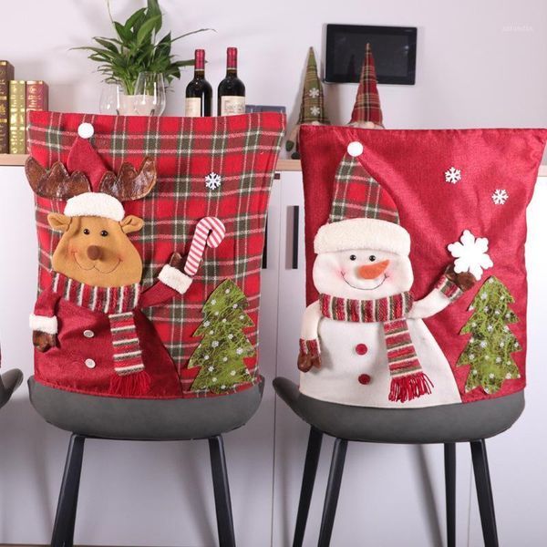 

christmas decorations 2021 chair cover decoration red plaid snowman santa back creative linen