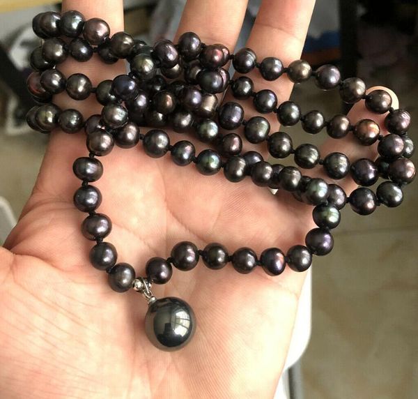 

chains 8-9mm natural black freshwater pearl necklace shell drop 35", Silver