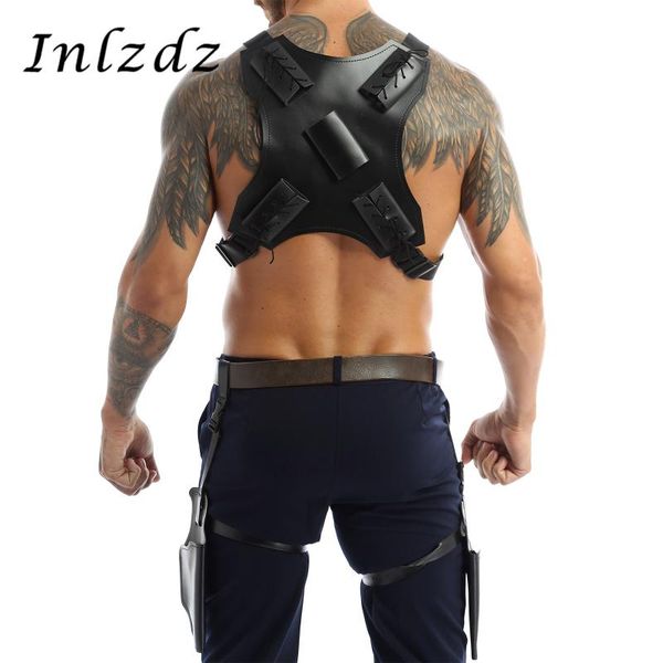 

bras sets harness mens leather dual sword carrying back exotic scabbard holder belt/pistol holste cosplay halloween costumes, Red;black