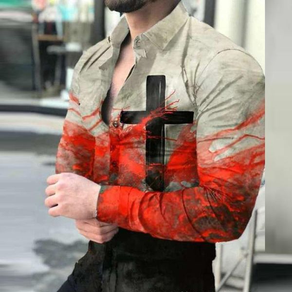 

men's casual shirts cross men spring turn-down collar button autumn long sleeve shirt gradient pattern printed, White;black