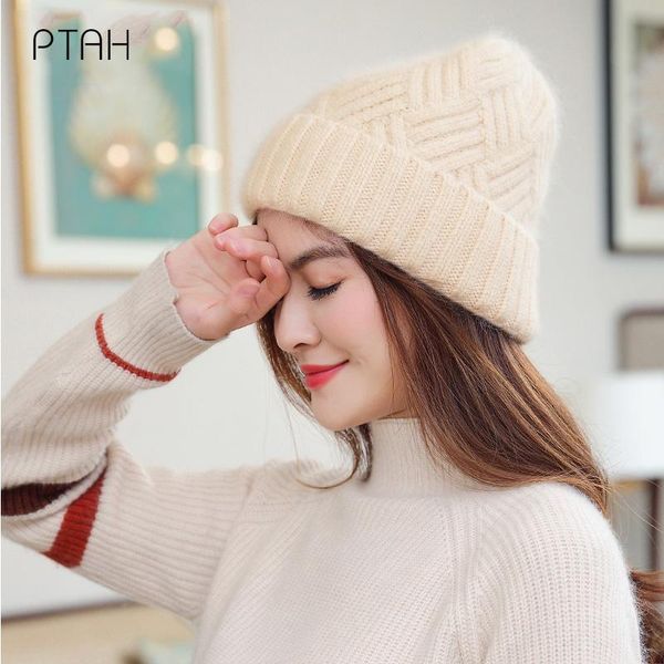 

berets [ptah] knitted hat women winter hats for ladies brand pure color outdoor girls cap female skullies beanies warm softer, Blue;gray