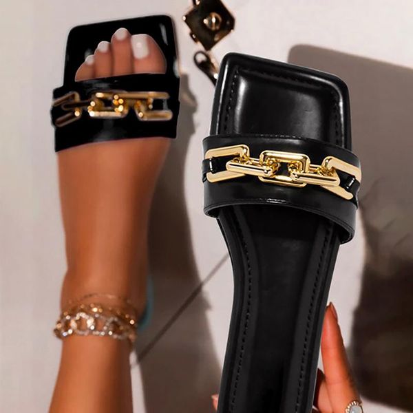 

slippers women 2021 summer transparent chain luxury square head flat heel female slipper outdoor beach slides sandals, Black